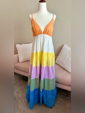 Roxy Honolulu Glow Maxi Dress Cotton Tiered Open-Back Beach Rainbow Womens Small